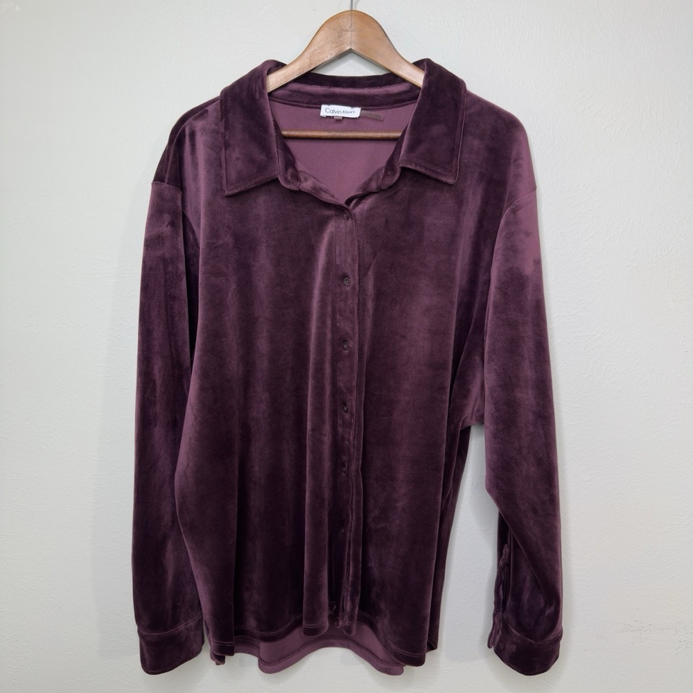 Calvin Klein Womens 3X Velvet Velour Button Up Shirt Stretch Cozy Comfort Soft